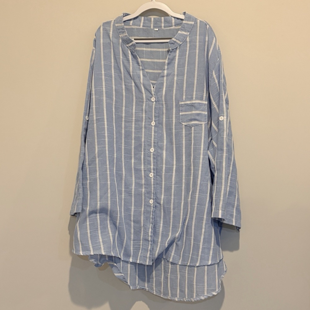 Women's Oversized Roll-sleeve Cotton Shirt Dress Beach Cover Up